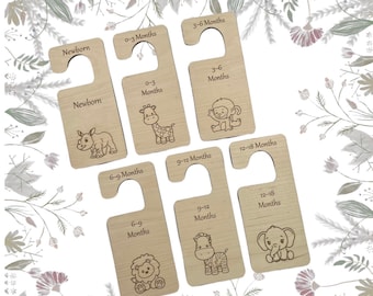 Set Of 6 Baby Wardrobe Safari Zoo Dividers, New Baby Engraved Clothes Hangers, Baby Shower Gift, Baby Closet Dividers