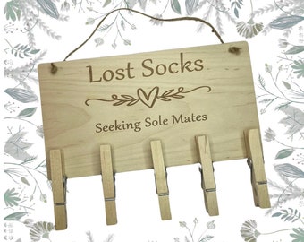 Lost Socks Wooden Laundry Plaque With Pegs, Lost Sock Wooden Laundry Sign With Pegs, Spare Sock Hanger