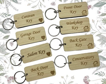 Personalised Key Tags Identification Labels,  Wooden Engraved Keyrings, Lost Keys, Key Label Keyring