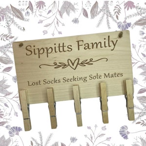 Personalised Lost Sock Wooden Laundry Plaque With Pegs, Lost Sock Wooden Laundry Sign With Pegs, Spare Sock Hanger