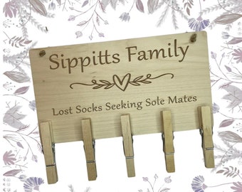 Personalised Lost Sock Wooden Laundry Plaque With Pegs, Lost Sock Wooden Laundry Sign With Pegs, Spare Sock Hanger