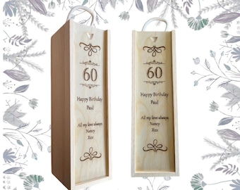 Personalised Any Age Birthday Wooden Wine Champagne Bottle Box, Personalised Bespoke Wooden Wine Box Laser Engraved