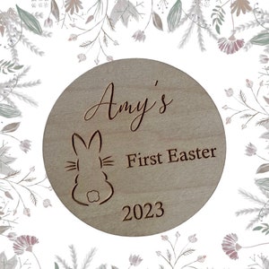 Personalised Engraved Baby&#39;s First Easter Name Plaque, My First Easter Keepsake, Wooden Baby Plaque, My First Social Media Photo Prop Disc