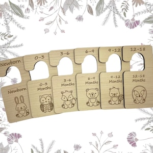 Conjunto de 6 divisórias de animais da floresta para guarda-roupa de bebê, novos cabides gravados para roupas de bebê, presente de chá de bebê, divisórias de armário de bebê