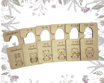 Set Of 6 Baby Wardrobe Woodland Animals Dividers, New Baby Engraved Clothes Hangers, Baby Shower Gift, Baby Closet Dividers