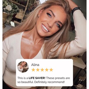 May include: A woman with long blonde hair smiles and gives a five-star review for a product. The review text reads "This is a LIFE SAVER! These presets are so beautiful. Definitely recommend!"