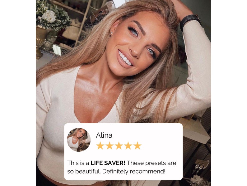 May include: A woman with long blonde hair smiles and gives a five-star review for a product. The review text reads "This is a LIFE SAVER! These presets are so beautiful. Definitely recommend!"