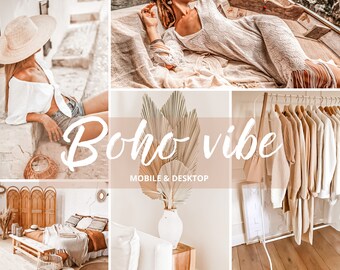 May include: A collage of images showcasing a bohemian aesthetic. The images feature a woman wearing a white shirt and a straw hat, a bedroom with a wooden bed frame and a woven headboard, a white vase with dried palm leaves, and a clothing rack with a variety of cream-colored clothing.