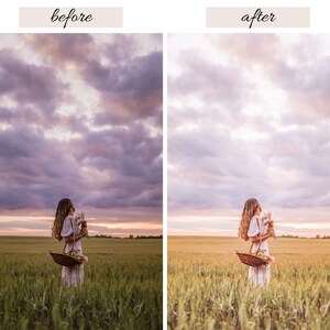 May include: A woman in a white dress stands in a field of tall grass, holding a basket of flowers. The sky is a soft pink and purple, with fluffy clouds.