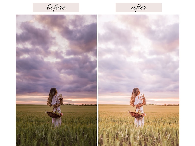 May include: A woman in a white dress stands in a field of tall grass, holding a basket of flowers. The sky is a soft pink and purple, with fluffy clouds.