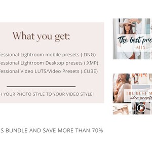 May include: A pink and white graphic with the text "What you get:" and a list of items: 68 Professional Lightroom mobile presets (.DNG), 68 Professional Lightroom Desktop presets (.XMP), and 18 Professional Video LUTS/Video Presets (.CUBE). The text "MATCH YOUR PHOTO STYLE TO YOUR VIDEO STYLE!" is below the list. The text "BUY THIS BUNDLE AND SAVE MORE THAN 70%" is at the bottom of the graphic. The graphic is next to two images of a collage of photos with the text "The best presets MIX" and "THE BEST MIX video presets".