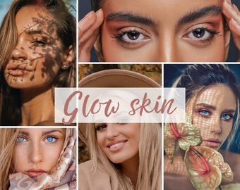 Puede incluir: Primer plano de cuatro mujeres con piel radiante. La imagen presenta el texto "Glow skin" en un cuadro blanco con borde rosa.
