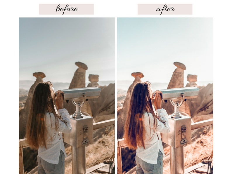 May include: A woman looks through a silver coin-operated telescope at a rocky landscape. The telescope is mounted on a metal stand. The woman is wearing a white shirt and blue jeans.