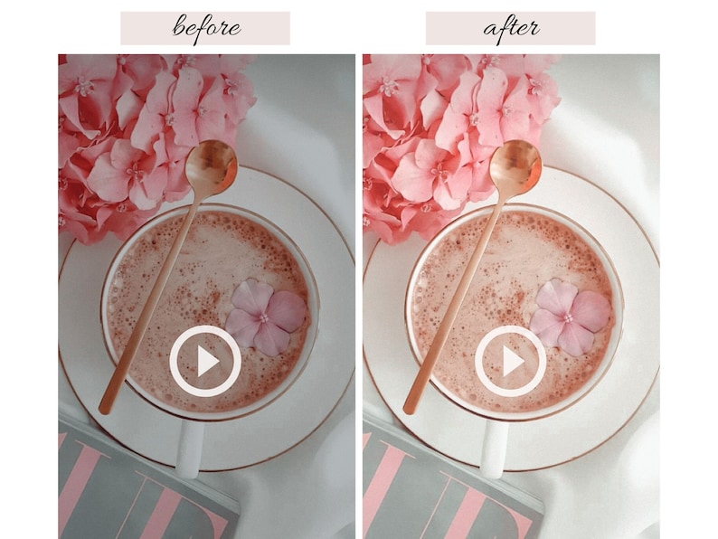 Op de afbeelding: Een witte keramische mok met een roze bloem die op de schuimende koffie in de mok drijft. Een gouden lepel rust op de rand van de mok. De mok staat op een wit schoteltje met een gouden rand. Op de achtergrond is een boeket roze bloemen te zien.