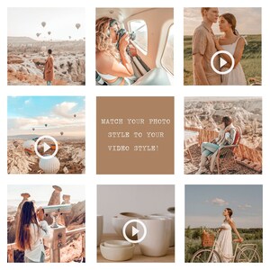 May include: A collage of nine images showcasing different travel destinations and activities. The images feature hot air balloons, a plane, a couple, a woman sitting on a chair, a woman looking through a telescope, a cup of coffee, and a woman riding a bicycle. The text "MATCH YOUR PHOTO STYLE TO YOUR VIDEO STYLE!" is displayed in the center of the collage.