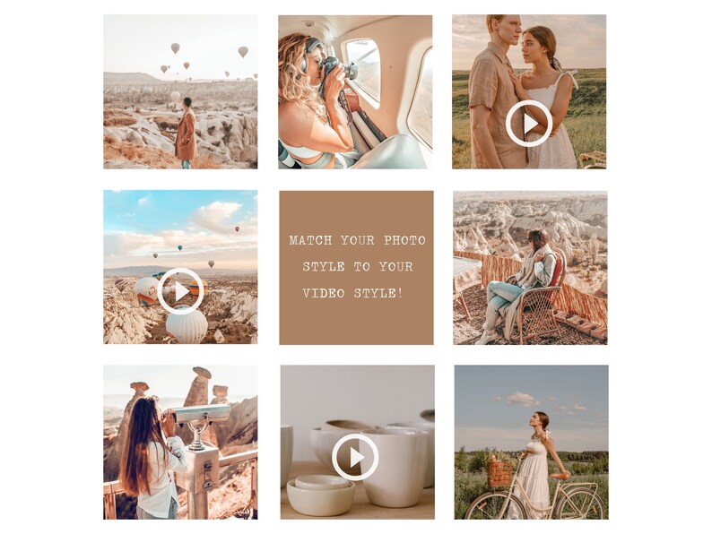 May include: A collage of nine images showcasing different travel destinations and activities. The images feature hot air balloons, a plane, a couple, a woman sitting on a chair, a woman looking through a telescope, a cup of coffee, and a woman riding a bicycle. The text "MATCH YOUR PHOTO STYLE TO YOUR VIDEO STYLE!" is displayed in the center of the collage.