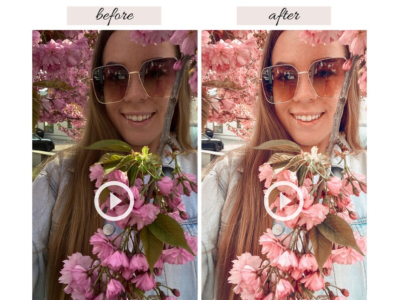 Op de afbeelding: Een vrouw met een zonnebril en een spijkerjack houdt een bos roze kersenbloesems vast. De bloemen staan ​​in volle bloei en hebben een zachte, delicate uitstraling.