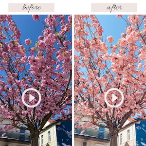 Op de afbeelding: Een fotocollage die het voor en na effect laat zien van een fotobewerkingfilter. De voor-afbeelding toont een roze kersenbloesemboom met een blauwe lucht op de achtergrond. De na-afbeelding toont dezelfde boom met een meer levendige roze kleur en een helderdere lucht.