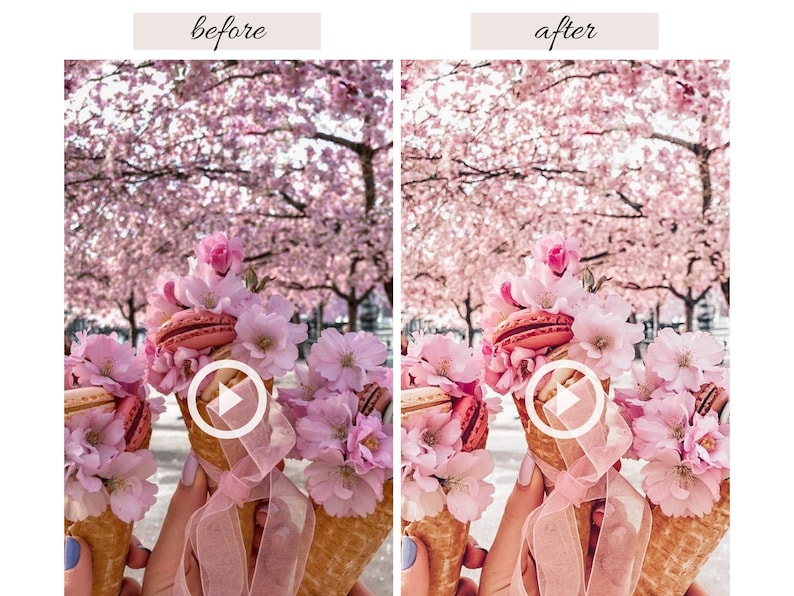 Op de afbeelding: Drie wafelt&uuml;ten gevuld met roze macarons en bedekt met roze kersenbloesems. De hoorntjes worden vastgehouden door handen tegen een achtergrond van een roze kersenboom.