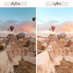 May include: A scenic view of hot air balloons floating over a rocky landscape at sunrise. The sky is a soft pink and blue, and the rocks are a warm beige color.