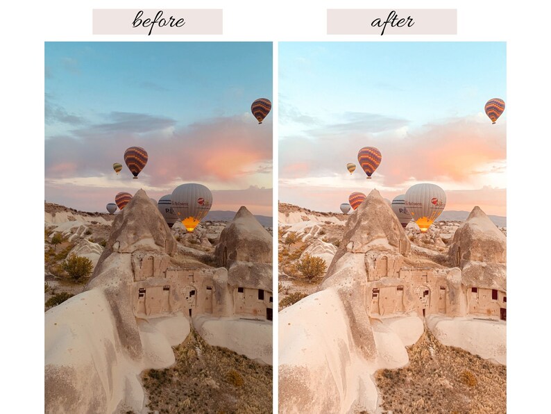 May include: A scenic view of hot air balloons floating over a rocky landscape at sunrise. The sky is a soft pink and blue, and the rocks are a warm beige color.