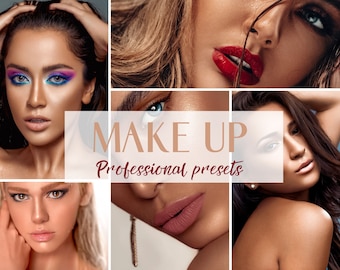 Puede incluir: Un collage de imágenes que muestran diferentes looks de maquillaje. El texto "MAKE UP Professional presets" se muestra en el centro del collage.