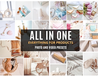 Puede incluir: Un collage de imágenes que muestran varios productos, incluidos productos de belleza, decoración del hogar y accesorios de moda. El texto "ALL IN ONE EVERYTHING FOR PRODUCTS PHOTO AND VIDEO PRESETS" se muestra en el centro del collage.