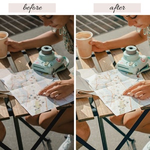 May include: A person sits at a table outside, looking at a map. They are holding a disposable coffee cup in one hand and a light blue instant camera in the other. The table is made of wood and has a black metal frame.