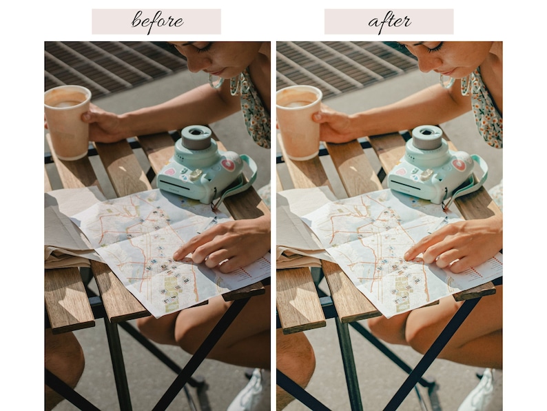 May include: A person sits at a table outside, looking at a map. They are holding a disposable coffee cup in one hand and a light blue instant camera in the other. The table is made of wood and has a black metal frame.