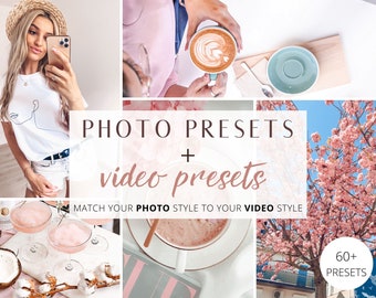 Puede incluir: Un collage de imágenes que muestran ajustes preestablecidos de fotos y videos. Las imágenes incluyen a una mujer tomando una selfie, una taza de café, una bebida rosa, una flor rosa y una superposición de texto que dice "PHOTO PRESETS + video presets MATCH YOUR PHOTO STYLE TO YOUR VIDEO STYLE 60+ PRESETS".