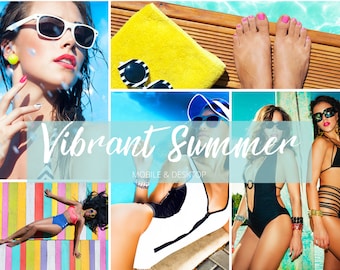 Op de afbeelding: Een collage van afbeeldingen met vrouwen die zonnebrillen en badkleding dragen, met een tekstoverlay die "Vibrant Summer Mobile & Desktop" luidt. De afbeeldingen omvatten een vrouw met roze nagellak, een vrouw die een zwarte badpak draagt en een vrouw die een zwart-wit gestreept badpak draagt.