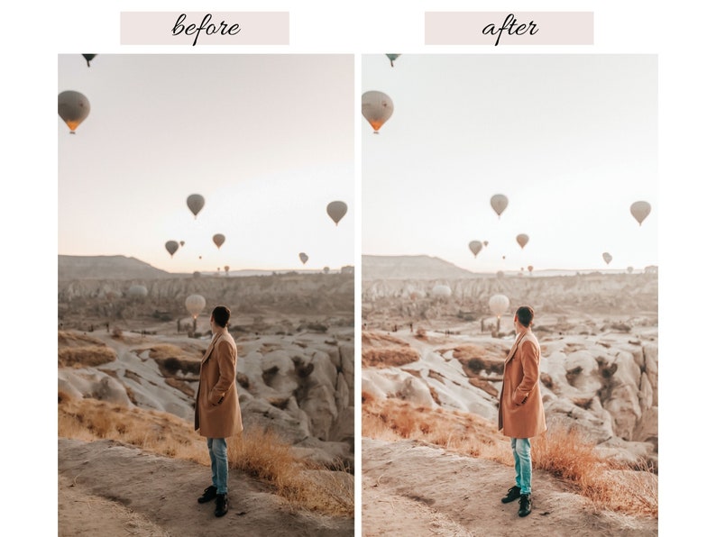 May include: A person in a brown coat stands on a rocky hilltop overlooking a valley with hot air balloons in the sky. The sky is a light blue with a few clouds.