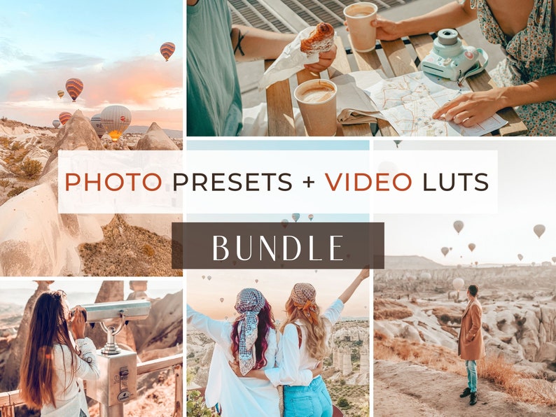 May include: A collage of images featuring hot air balloons, people exploring a landscape, and the text "PHOTO PRESETS + VIDEO LUTs BUNDLE".