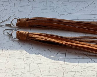 Long Leather Tassel Earrings