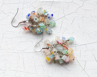 Millefiori glass chip cluster earrings