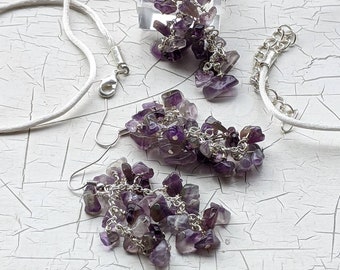 Amethyst cluster earring and necklace set