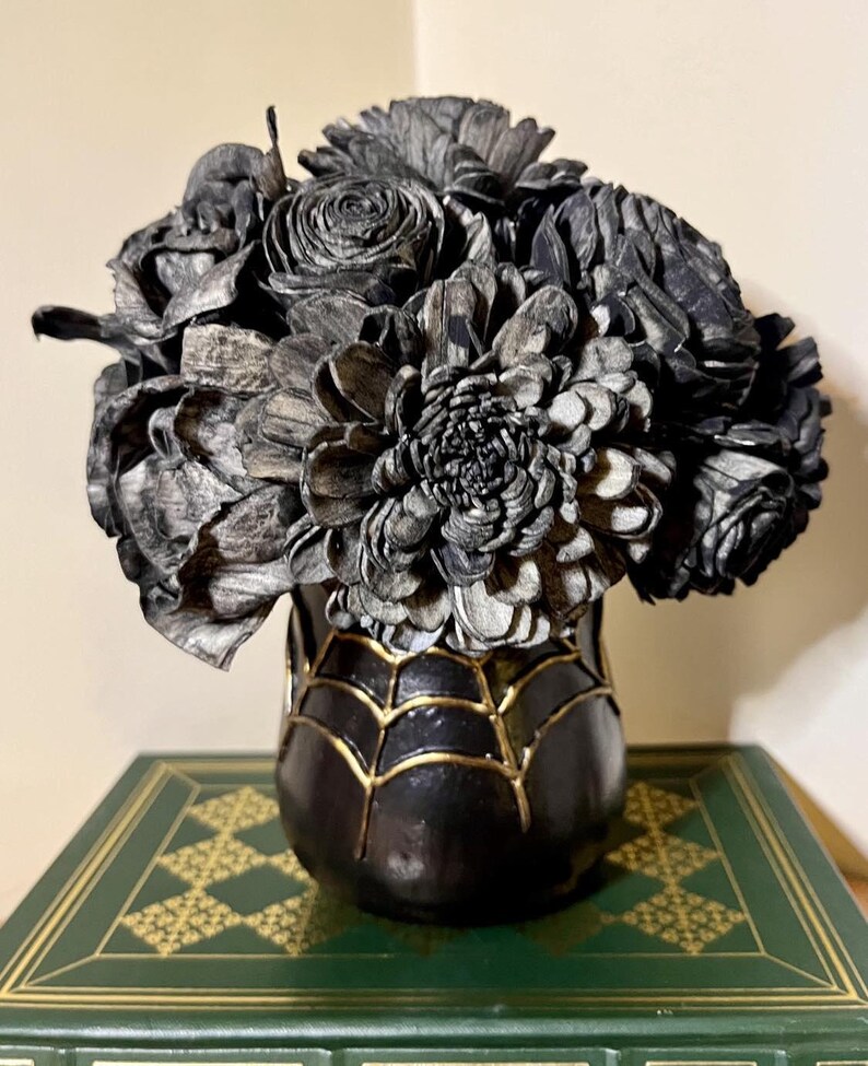 Halloween Gothic Floral Arrangement Black Flower Bouquet in Spider 