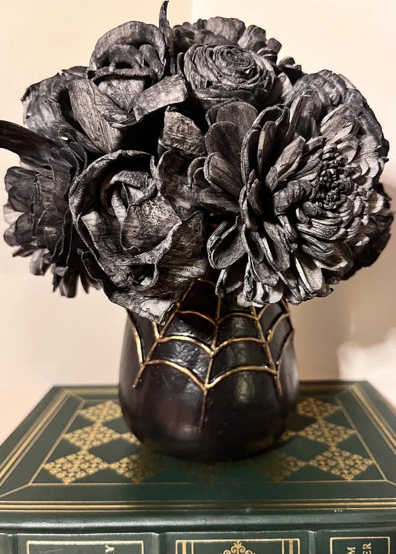 Halloween Gothic Floral Arrangement Black Flower Bouquet in Spider 