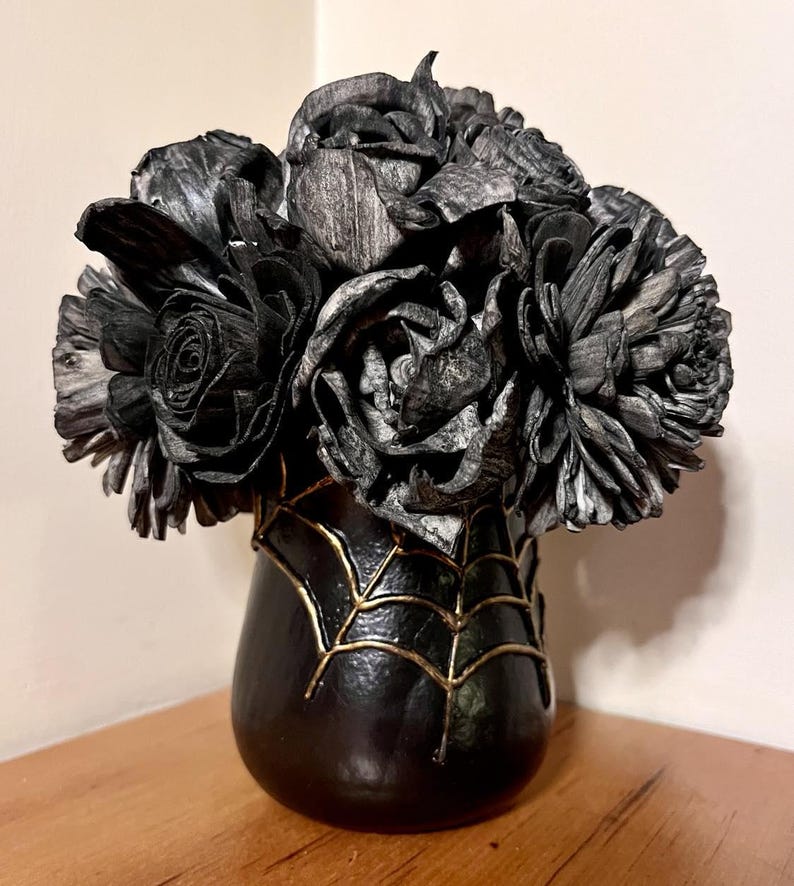 Halloween Gothic Floral Arrangement Black Flower Bouquet in Spider 