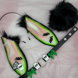 Green haunted Cosplay Bunny Rabbit headband Ears Tail Choker Collar Paw Costume Halloween necklace Fox wolf puppy dog