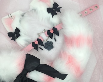 Black / White / Pink Cosplay Kitten Cat headband Ears Tail Choker Collar Paw Costume Halloween necklace Fox wolf puppy dog