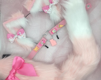 Pink candy sweets kitten kawaii Cosplay Kitten Cat headband Ears Tail Choker Collar Paw Costume Halloween  Fox wolf puppy dog