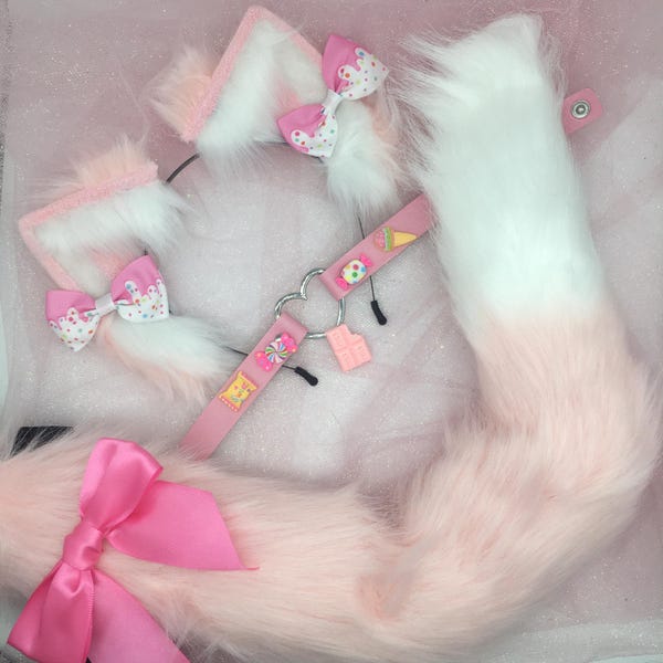 Dulces rosas, gatito kawaii, cosplay, diadema de gato, orejas, cola, gargantilla, collar, disfraz de pata, Halloween, zorro, lobo, cachorro, perro