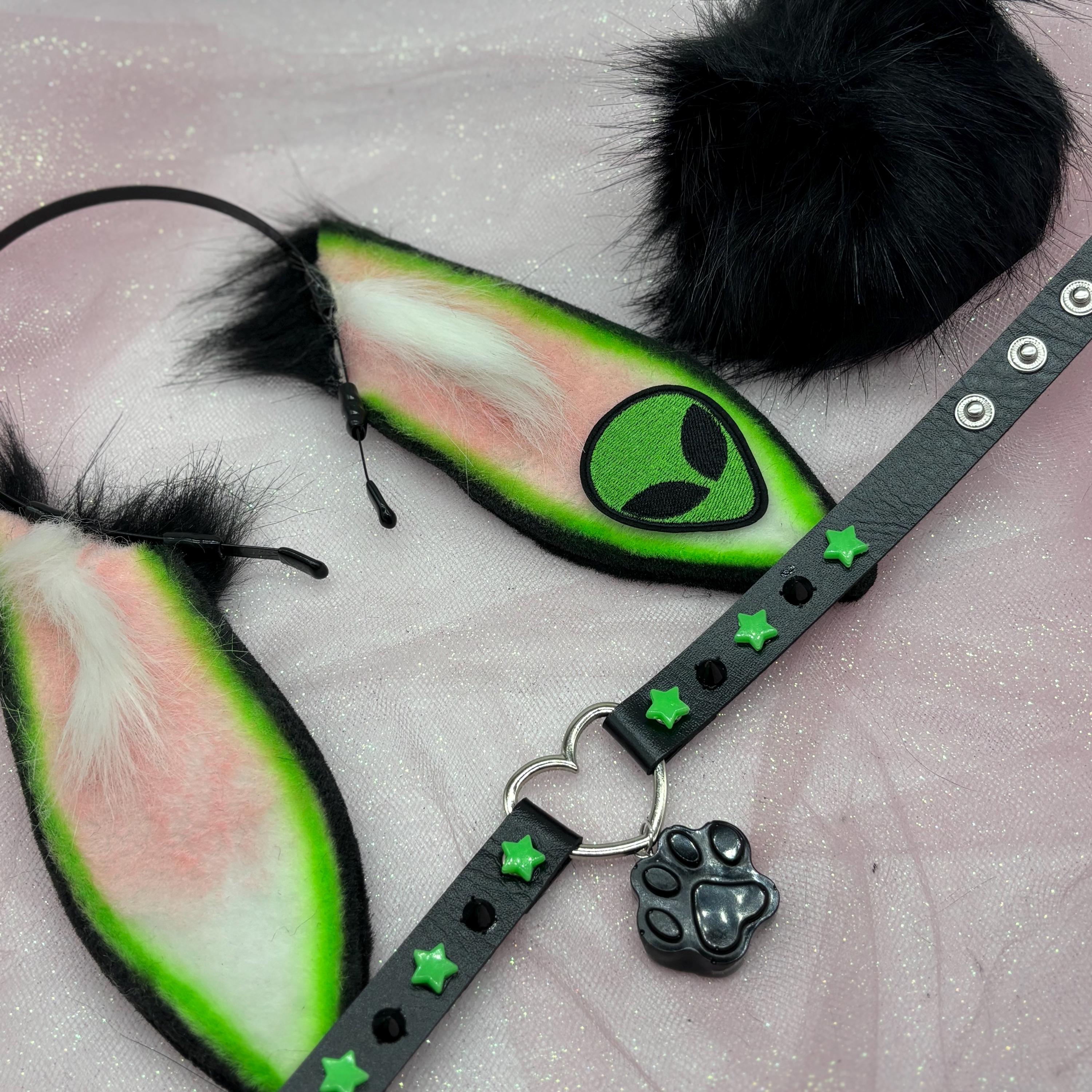 Black / Green Alien Cosplay Kitten Cat Headband Ears Tail Choker Collar ...