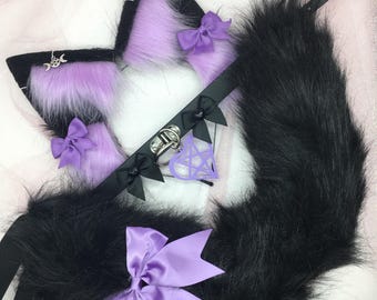 Black / Purple Cosplay Kitten Cat headband Ears Tail Choker Collar Paw Costume Halloween necklace witch Fox wolf puppy dog