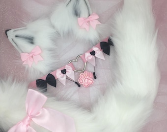 Black / white pink 1 Cosplay Kitten Cat headband Ears Tail Choker Collar Paw Costume Halloween necklace Fox wolf puppy dog