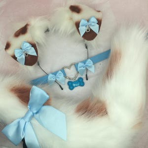 Bandeau de chien cosplay marron/blanc bleu oreilles queue collier ras du cou Costume de patte collier d'halloween renard chiot chien