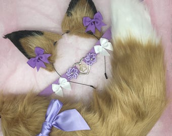 White / Purple / brown Cosplay Kitten Cat headband Ears Tail Choker Collar Paw Costume Halloween necklace Fox wolf puppy dog