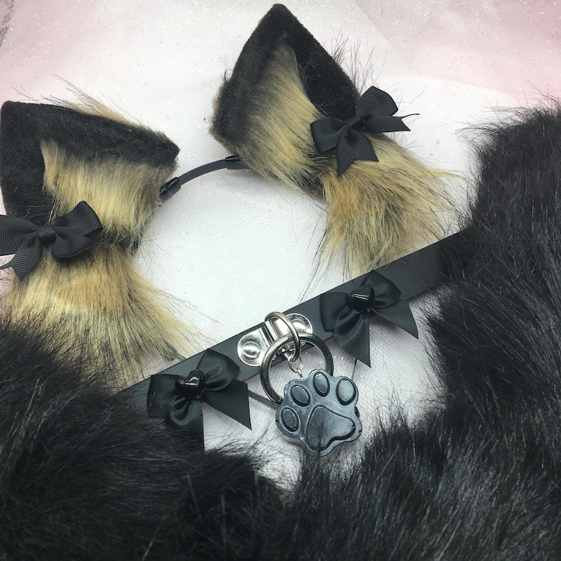 Black / Brown Cosplay Kitten Cat Headband Ears Tail Choker Collar Paw