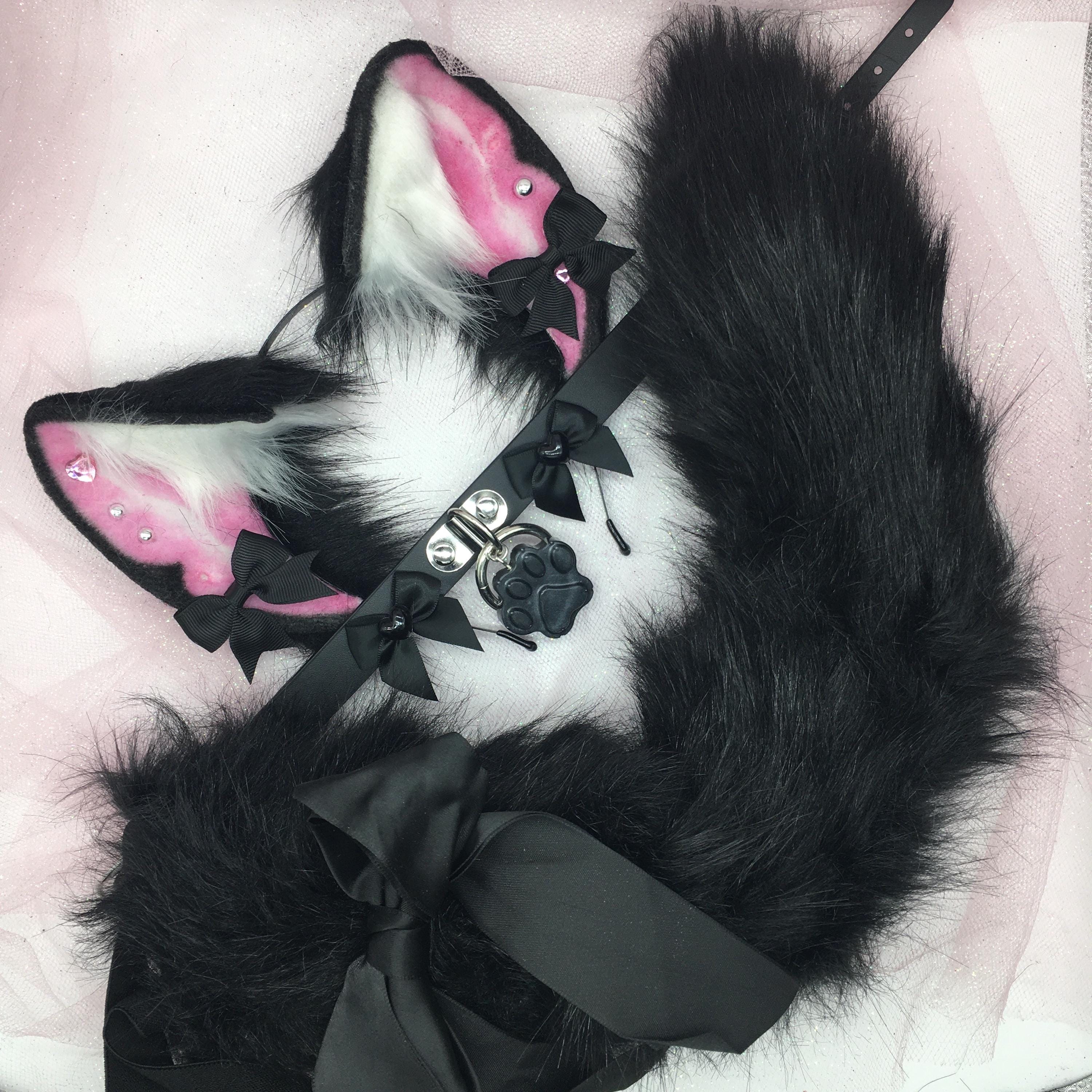 Black / Pink Cosplay Kitten Cat Headband Ears Tail Choker 